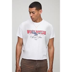 boohooMAN White Worldwide Eagle Graphic Tee Streetwear Retro Vibe Aesthetic NEW